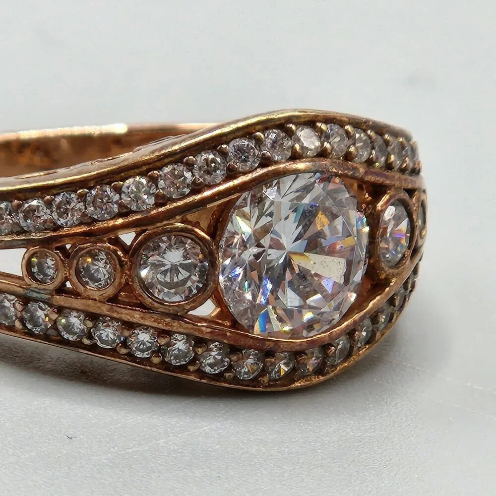 Rose Gold Tone Ring w/ Crystals Size  7 Sterling Silver - Picture 3 of 9
